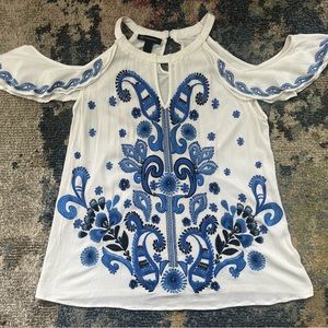 Blue embroidery cold shoulder top